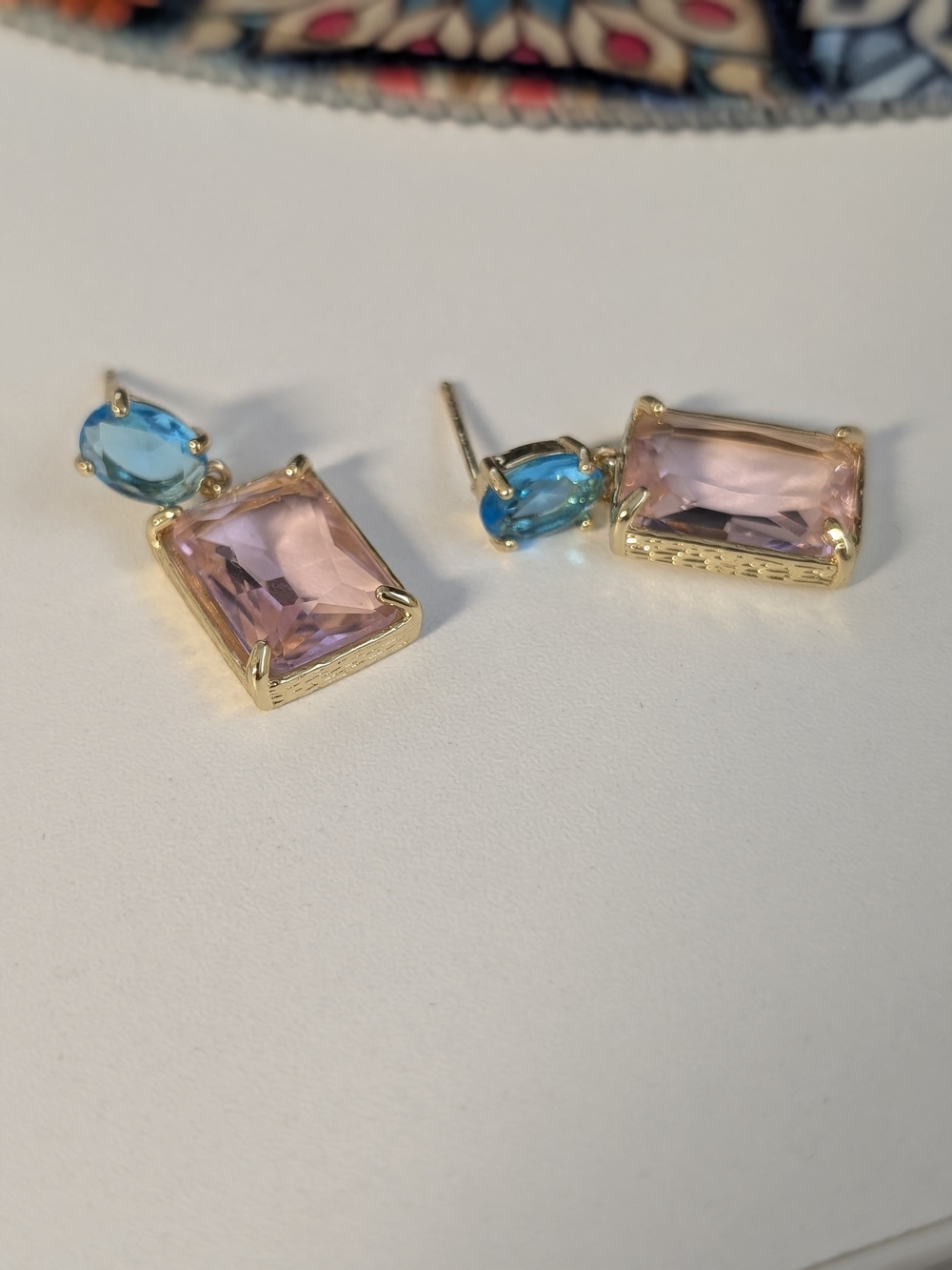 Gold-Plated Pink and Blue Gemstone Drop Earrings